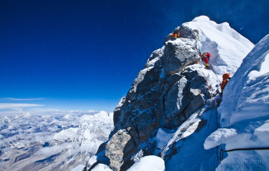 Climbers On Everest Summit Ridge