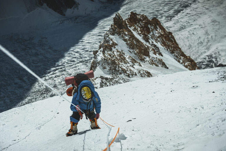 Fazal Ali ascending the fixed line on winter K2