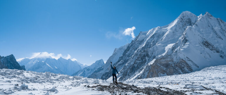 Wide shot of PK Sherpa on the glacier near K2 basecamp