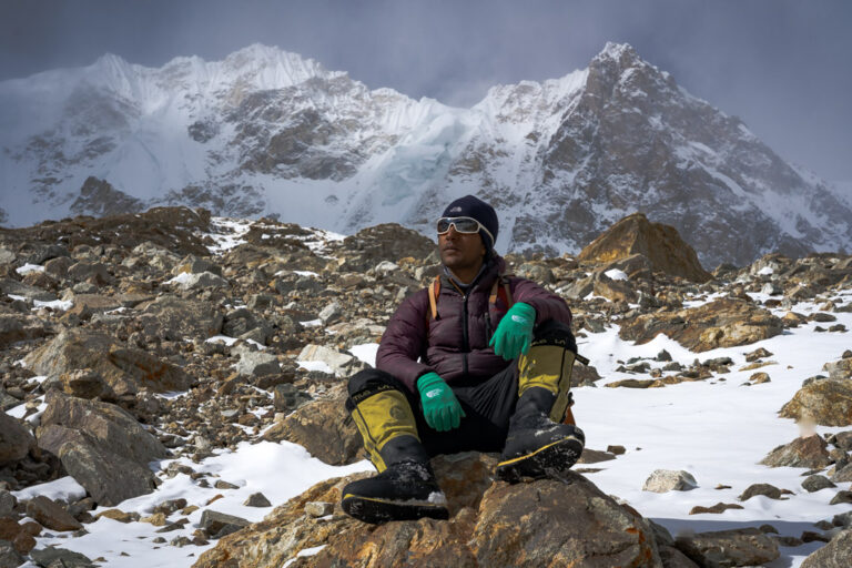 Sajid Sadpara resting on an acclimatization hike outside K2 basecamp