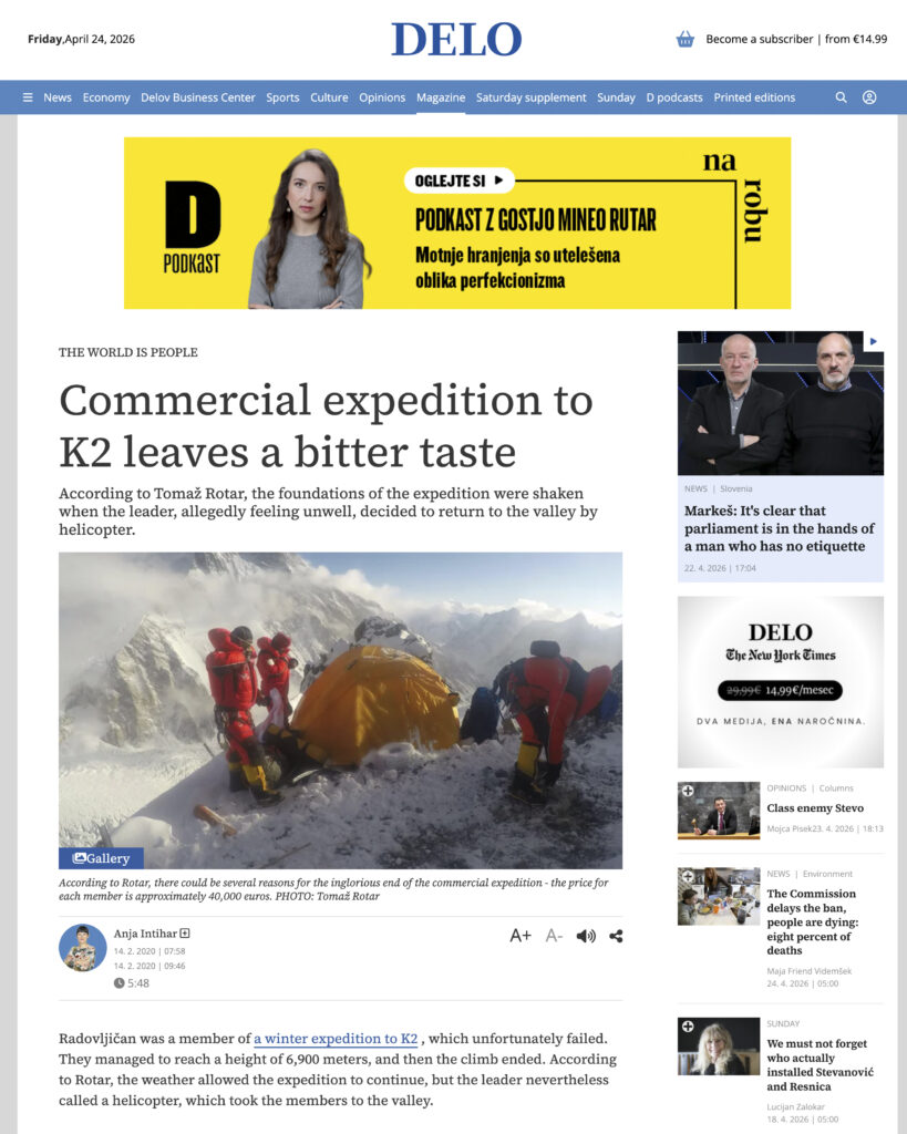 DELO news article titled "Commercial expedition to K2 leaves a bitter taste"