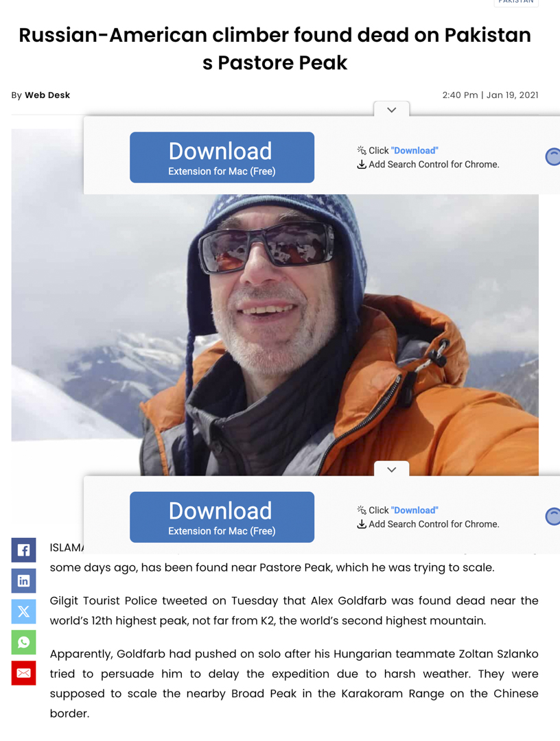 Press clipping: Daily Pakistan reports climber found dead on Pastore Peak, January 2021